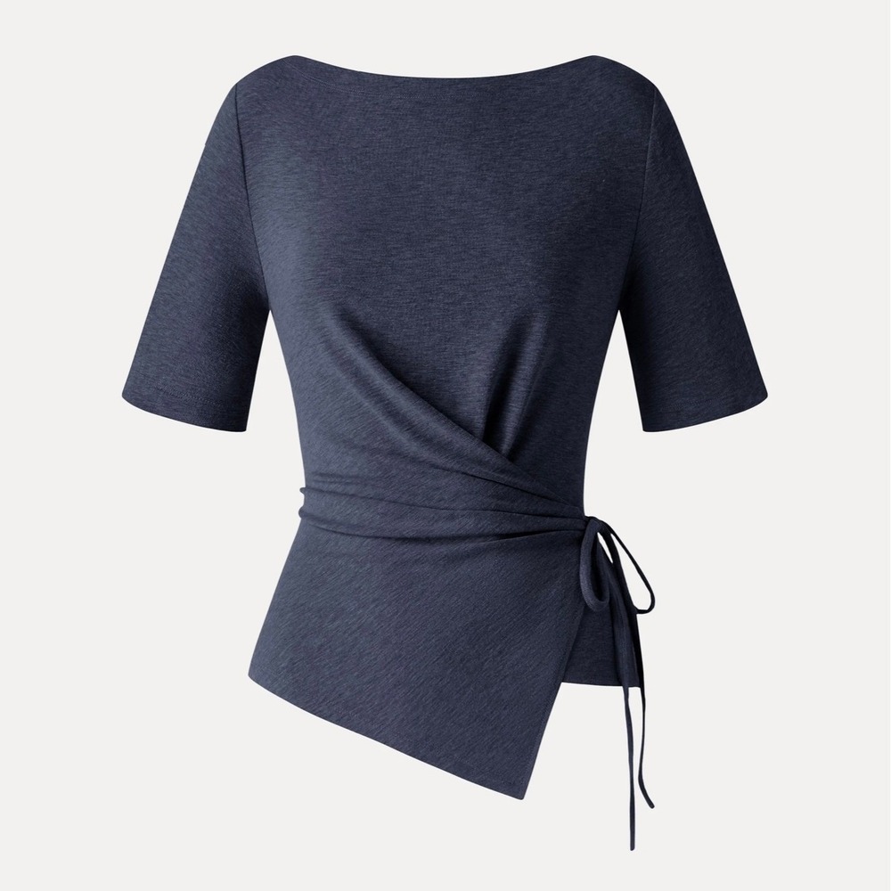OGL LiteWarm Slash Neck Short Sleeve Tie-Side Top Smoky Navy XL NEW